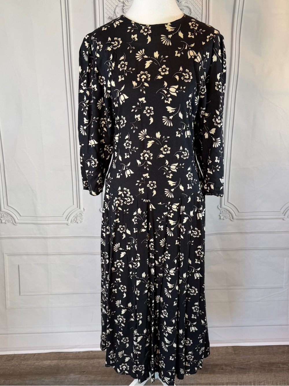 Britland Vintage Black Cream Floral Drop Waist Dress Long Sleeve USA Whimigoth